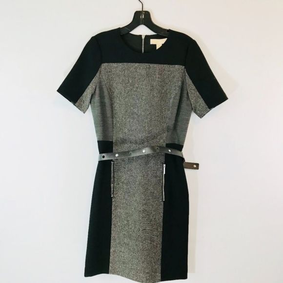 MICHAEL Michael Kors Black/Gray Belted Colorblock  Sheath Tweed Dress‎ - Picture 2 of 7